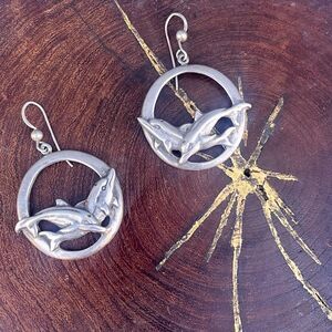 90s Sterling Silver Dolphin Earrings Dangle Vintage Ocean Jewelry